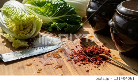 Fresh Napa Cabbage and Spices on Wooden Cutting Board for Korean Kimchi Preparation 131404061