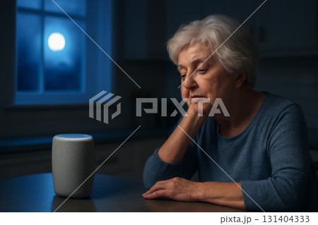 AI generated senior woman sitting in a kitchen at night, interacting with a smart speaker offering meditation and soothing sounds to help with sleep, illuminated by moonlight. 131404333