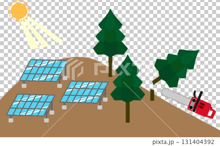 太陽、太陽能板和砍伐森林的山脈景觀插圖素材 131404392