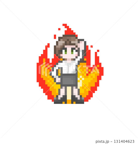 ドット絵のガッツポーズをするやる気なスーツ姿の女性会社員：クールビズ 131404623