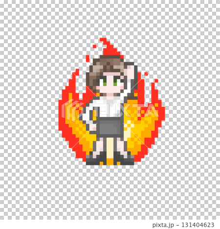 ドット絵のガッツポーズをするやる気なスーツ姿の女性会社員：クールビズ 131404623