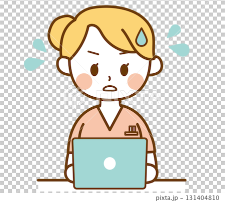 A female nurse who is anxious about typing on a PC 131404810