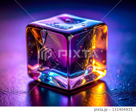 Frozen Ice-Cube With Multicolor Glow and Reflective Surface 131404935