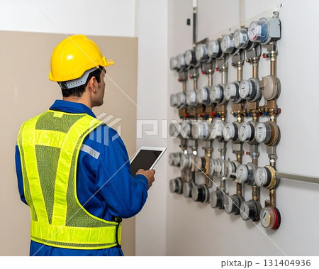 Utility worker with tablet inspecting electric meters in safety gear 131404936