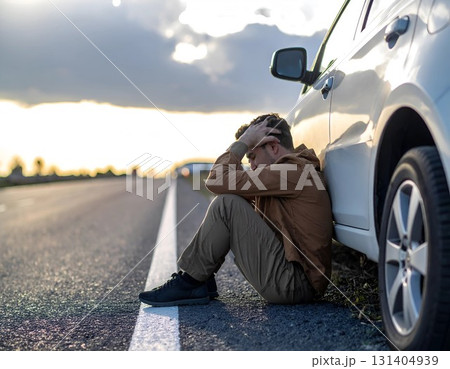Stressed Driver Sitting Beside Broken Car 131404939