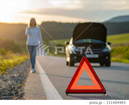 Car With Open Hood And Warning Triangle On Rural Roadside Car With Open Hood And Warning Triangle On Rural Roadside 131404965