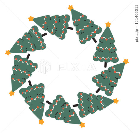 A festive round frame with Christmas trees. The simple vector design perfect for Christmas and New Year decorations or holiday greetings. A festive round frame with Christmas trees. The simple vector design perfect for Christmas and New Year decorations or holiday greetings. 131405013