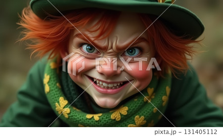 Mischievous redhead leprechaun with green outfit and intense expression. AI generation 131405112