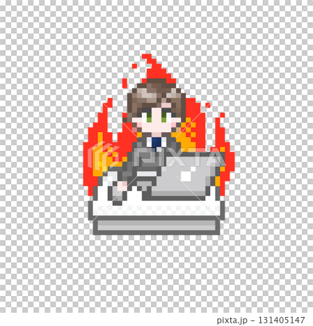 一位穿著西裝、幹勁十足的男性上班族在像素化的電腦上工作 一位穿著西裝、幹勁十足的男性上班族在像素化的電腦上工作 131405147