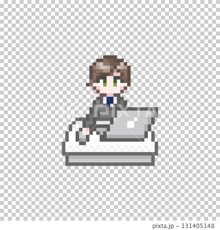 一位身穿西裝的男性辦公室職員在像素化的電腦上工作 一位身穿西裝的男性辦公室職員在像素化的電腦上工作 131405148