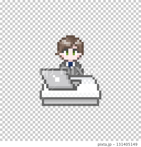 一位身穿西裝、手持像素電腦的男性上班族 一位身穿西裝、手持像素電腦的男性上班族 131405149