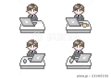 ドット絵のパソコン作業をするスーツ姿の男性会社員：セット 131405150