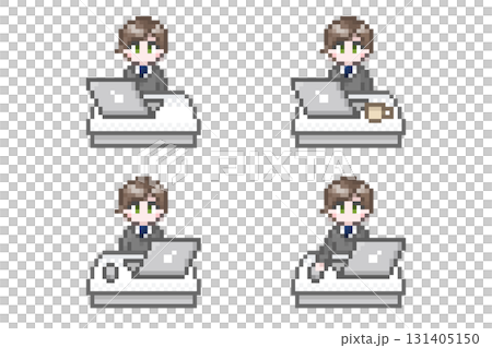 ドット絵のパソコン作業をするスーツ姿の男性会社員：セット 131405150