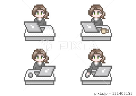 ドット絵のパソコン作業をするスーツ姿の女性会社員：セット 131405153