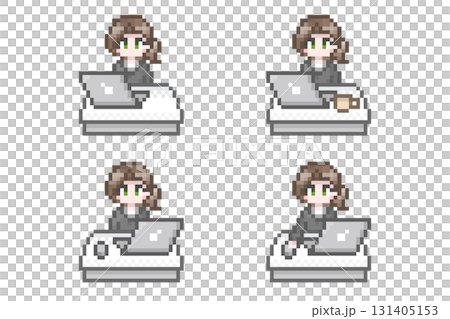 ドット絵のパソコン作業をするスーツ姿の女性会社員：セット 131405153