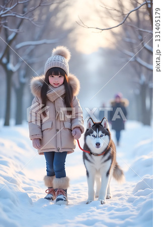 雪の中をワンコと散歩する女の子 雪の中をワンコと散歩する女の子 131405179