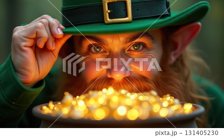 Mischievous leprechaun with glowing pot of gold in forest. AI generation 131405230
