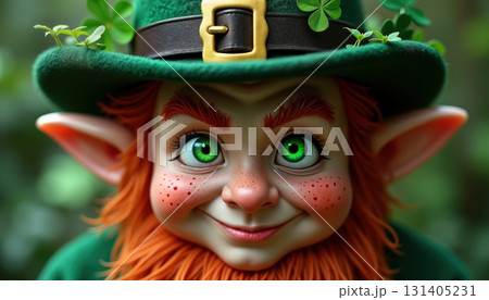 Cheerful cartoon leprechaun with green hat and freckles in lush greenery. AI generation Cheerful cartoon leprechaun with green hat and freckles in lush greenery. AI generation 131405231