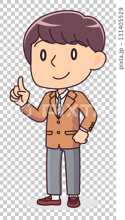 Illustration of a male student explaining with his finger raised 131405529