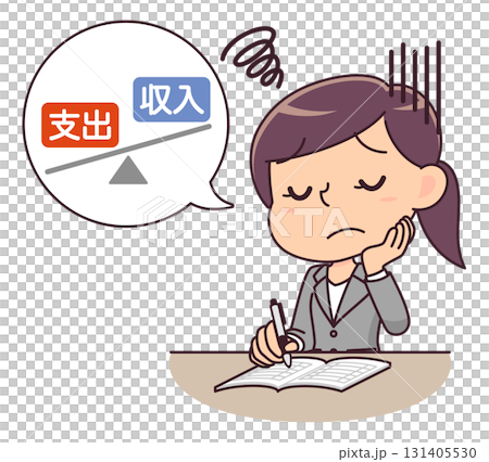 家計簿を付けながら赤字家計に悩むスーツ姿の女性のイラスト 131405530