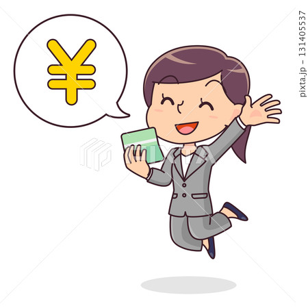 通帳に入金があり喜ぶスーツ姿の女性のイラスト 131405537
