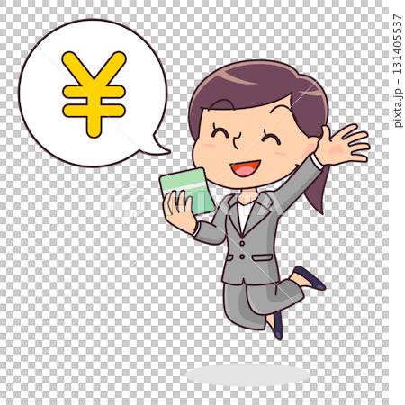 通帳に入金があり喜ぶスーツ姿の女性のイラスト 131405537