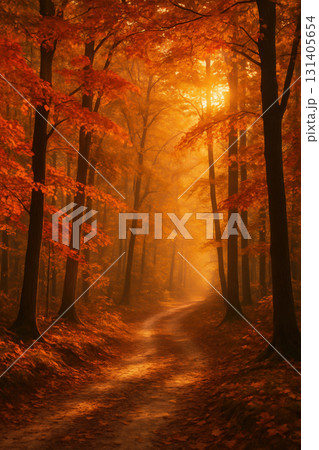 Sunlit autumn forest path with orange leaves Sunlit autumn forest path with orange leaves 131405654