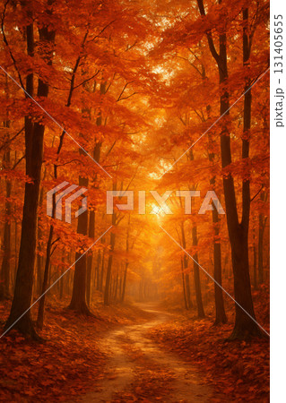 Pathway through vibrant autumn forest at sunrise Pathway through vibrant autumn forest at sunrise 131405655