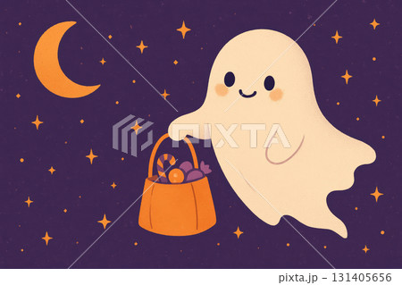 Cute ghost with candy bag under moonlight Cute ghost with candy bag under moonlight 131405656