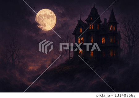 Spooky mansion with glowing windows under full moon 131405665