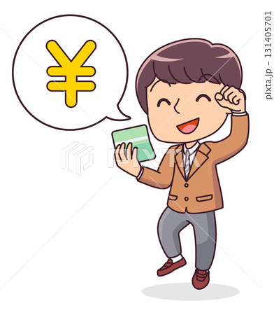 通帳に入金があり喜ぶ男子学生のイラスト 131405701