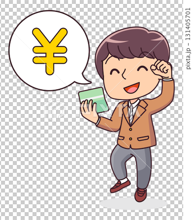 通帳に入金があり喜ぶ男子学生のイラスト 131405701