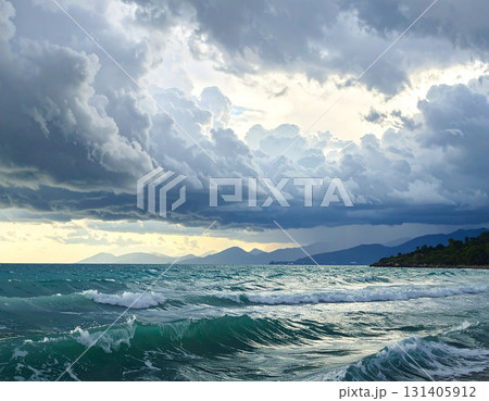 海　雷雲　生成AI　背景　 131405912