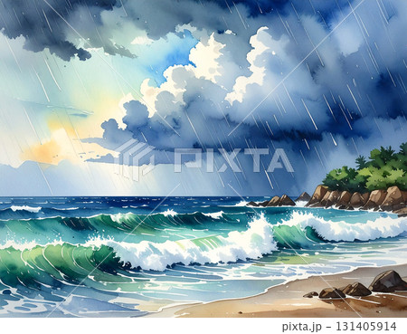 海　雷雲　生成AI　背景　 131405914