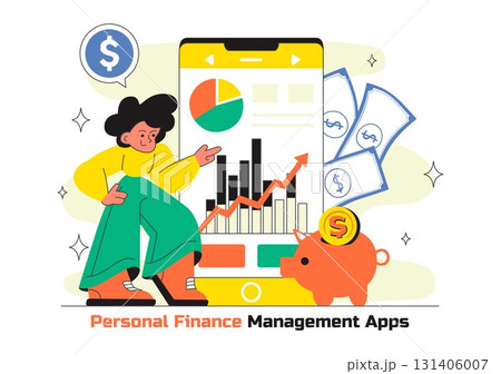 Personal Finance Management Apps Illustration Featuring Financial Planning App for Earnings,Expenses Control, Budget Planning, and Cost Optimization 131406007