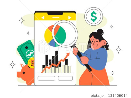 Personal Finance Management Apps Illustration Featuring Financial Planning App for Earnings,Expenses Control, Budget Planning, and Cost Optimization 131406014
