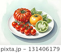 A white plate displays a variety of tomatoes, including a large red beefsteak tomato, a yellow tomato, and small red cherry tomatoes. Solanum lycopersicum 131406179