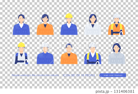 Construction site team wearing work clothes and helmets Upper body illustration set of men and women 131406381