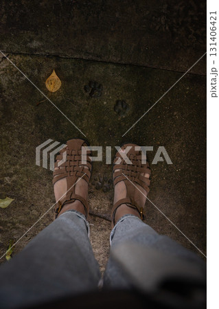 Brown sandals and light jeans are seen on an old concrete surface with visible animal paw prints and a yellow leaf 131406421