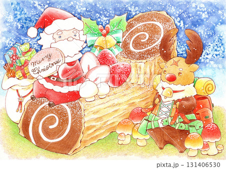 水彩と色鉛筆で描いたクリスマスケーキ 131406530