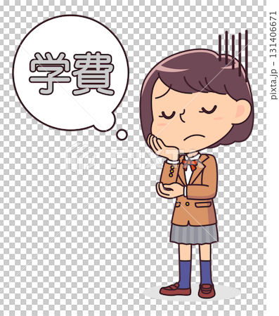 Illustration of a female student worried about tuition fees 131406671