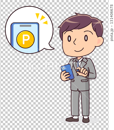 Illustration of a man in a suit earning points on a smartphone 131406678