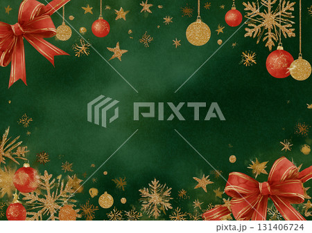 緑に赤のリボンフレームのクリスマス背景 131406724