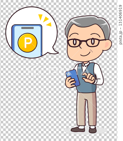Illustration of a senior man earning points on a smartphone 131406919
