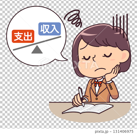 Illustration of a female student worrying about a deficit while keeping a household account book Illustration of a female student worrying about a deficit while keeping a household account book 131406975