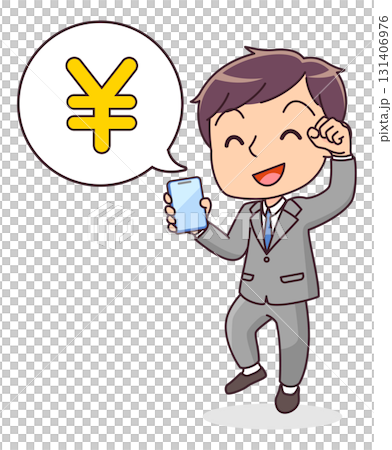 Illustration of a man in a suit who is happy to confirm his deposit on his smartphone Illustration of a man in a suit who is happy to confirm his deposit on his smartphone 131406976