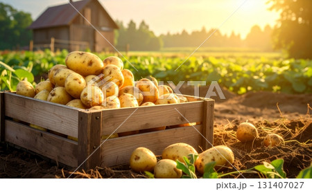 Potatoes in Wooden Crate Potatoes in Wooden Crate 131407027