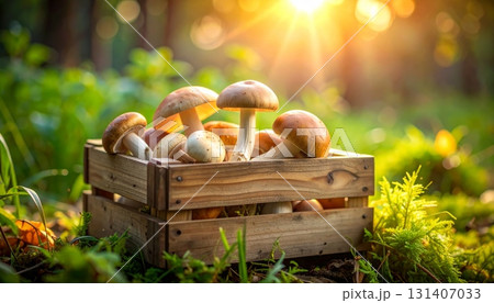 Mushrooms in Wooden Crate 131407033