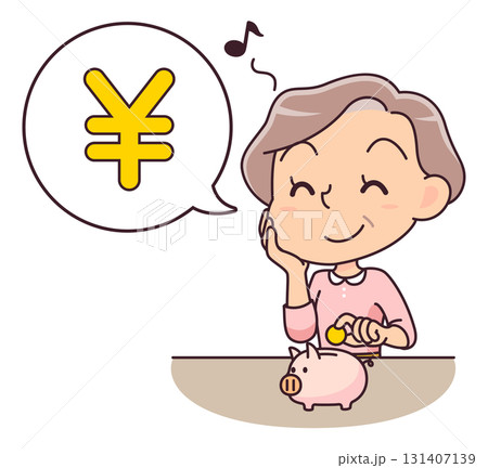 豚の貯金箱に小銭を入れて喜ぶシニア女性のイラスト 131407139