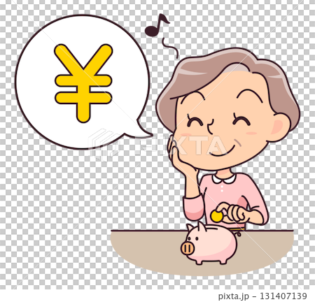豚の貯金箱に小銭を入れて喜ぶシニア女性のイラスト 131407139
